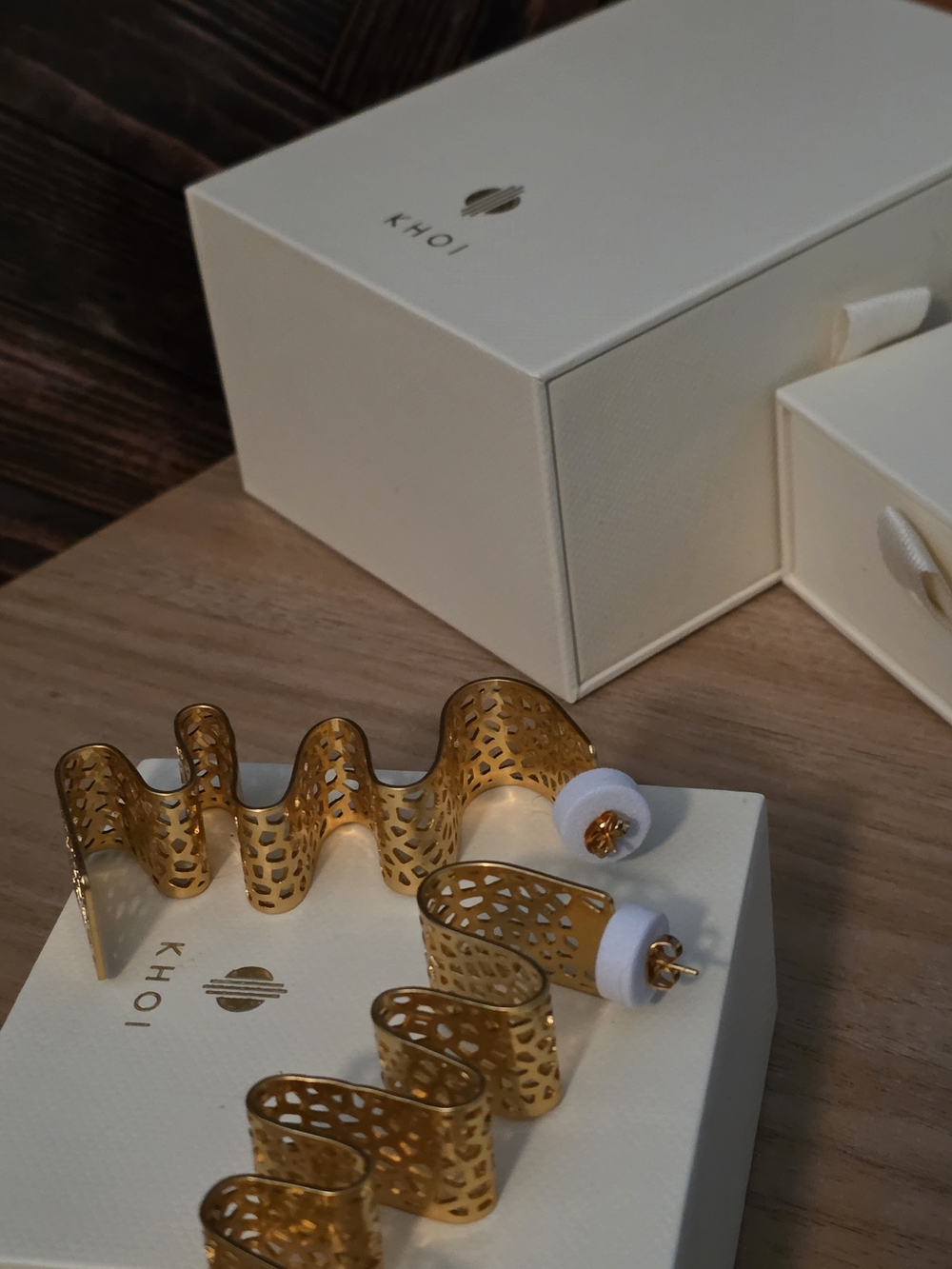 Gold Wave Hoop Earrings with White Backing